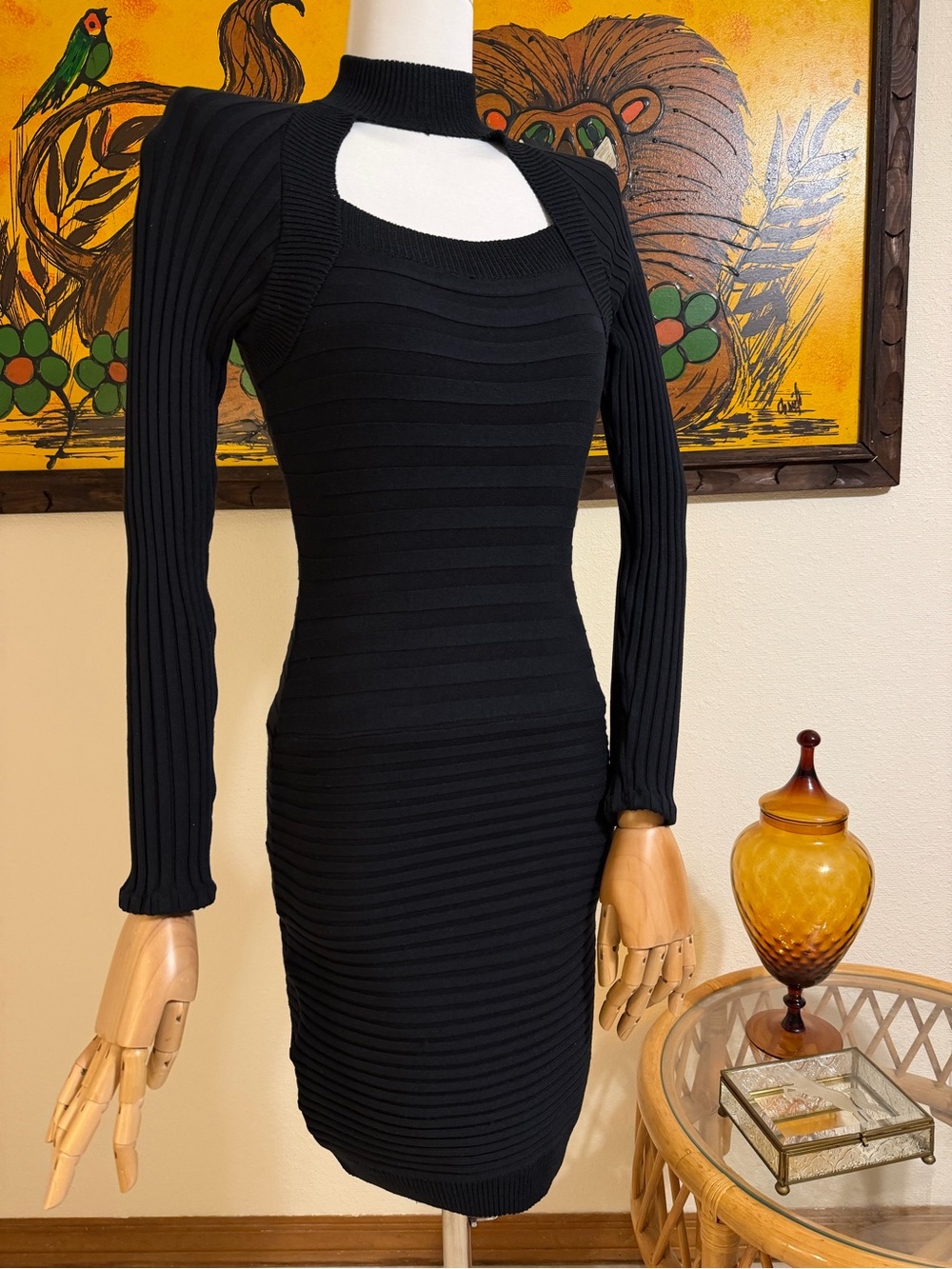 1980s Vintage Caché Gold Label Silk Spandex Bodycon Cutout Mini Dress
